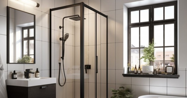 Elegant shower cubicle with black framing in a modern bathroom with natural lighting.