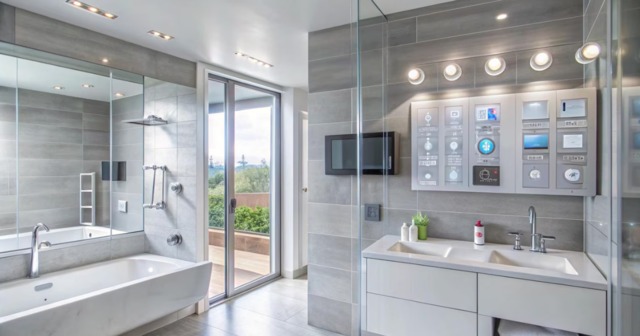 Luxurious bathroom featuring a modern shower cubicle with glass panels and smart technology.